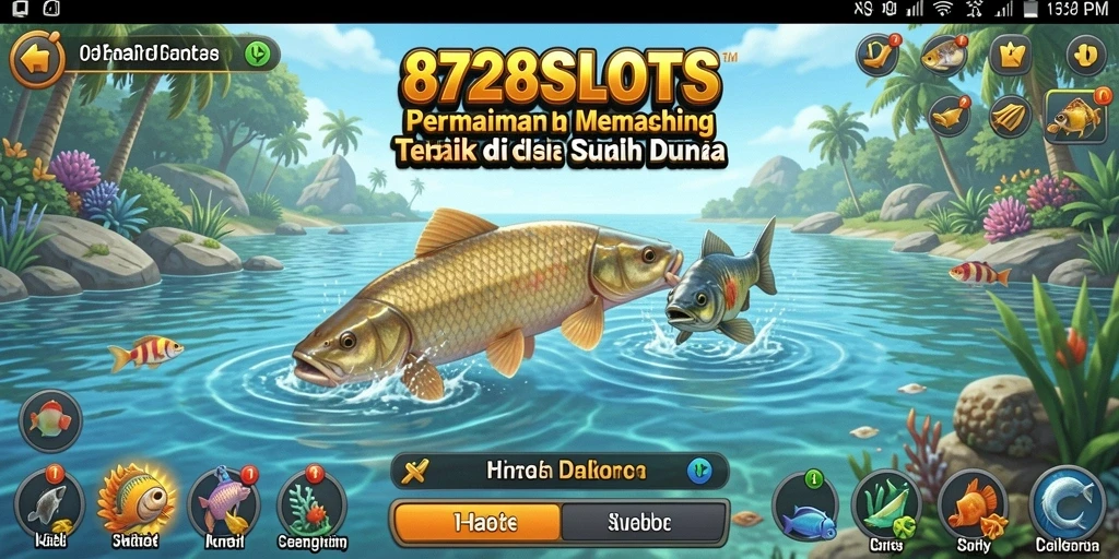 Screenshot dari gameplay 8728SLOTS yang menunjukkan momen menangkap ikan besar.