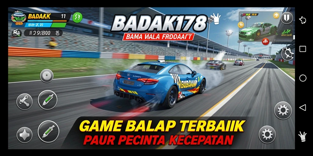 Tampilan gameplay BADAK178 dengan mobil balap yang melaju kencang di lintasan.