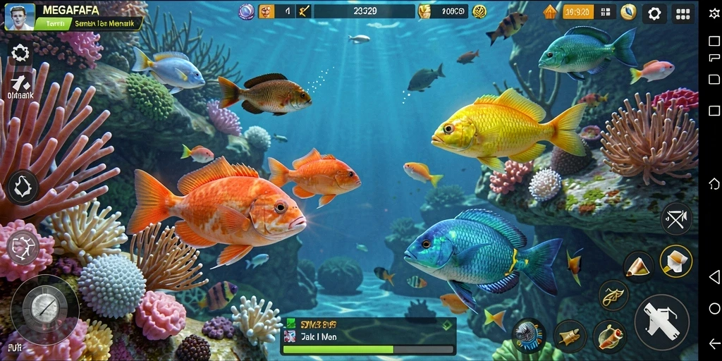 Tampilan gameplay seru MEGAFAFA dengan aksi menembak ikan.