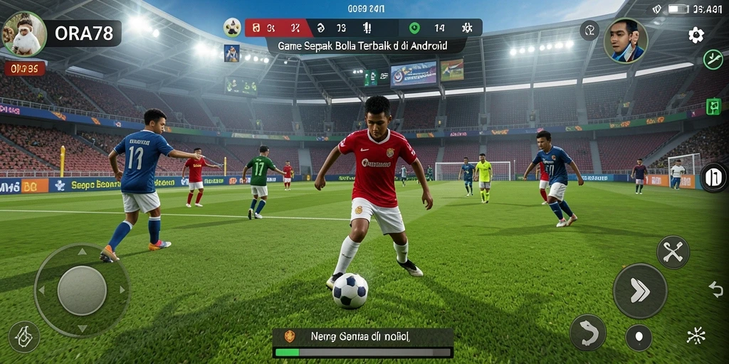 Screenshot gameplay ORA78 menampilkan aksi menyerang sepak bola.
